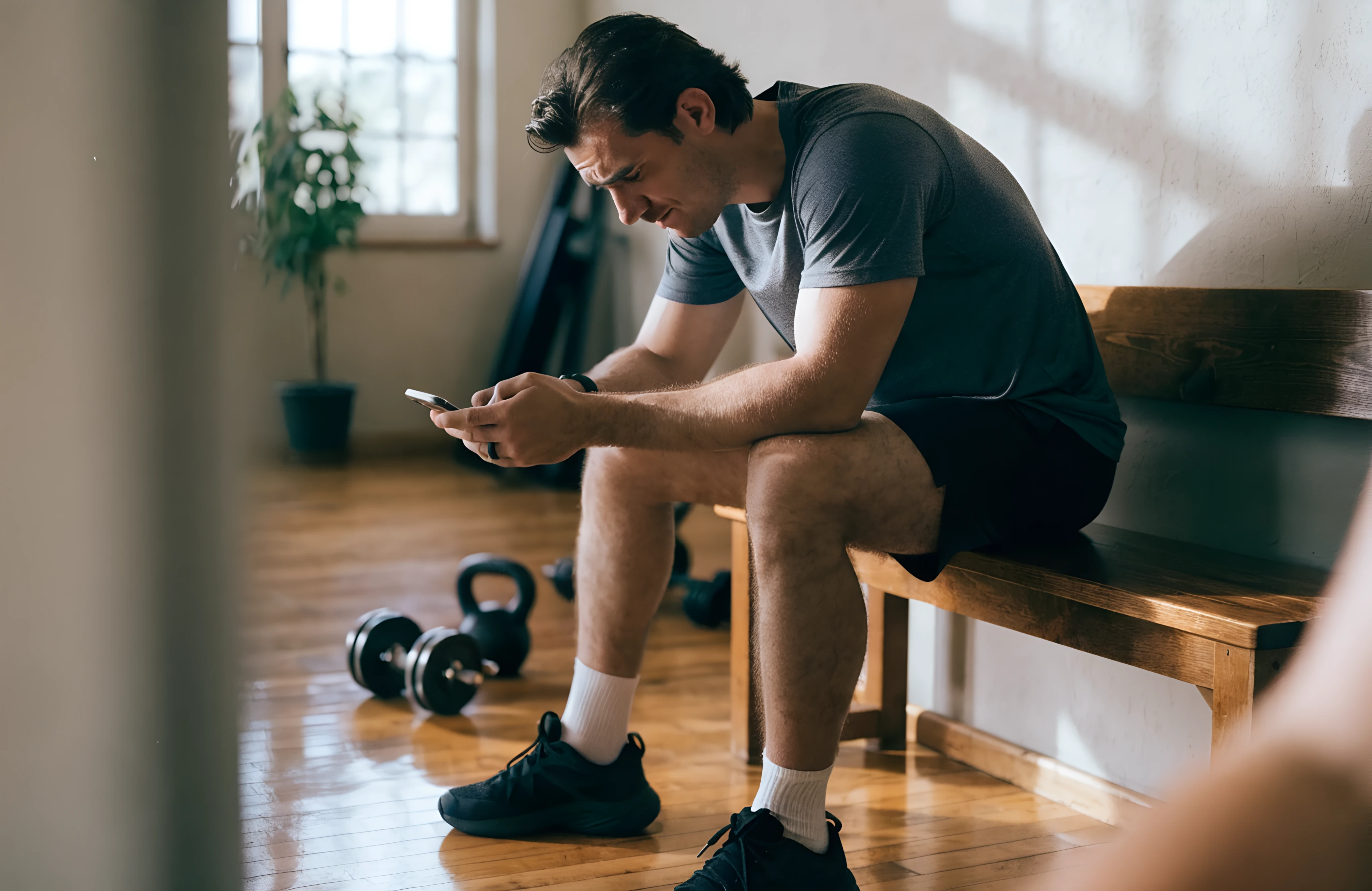 Personal trainer checking his phone in his studio, wondering why his website is not getting enquiries