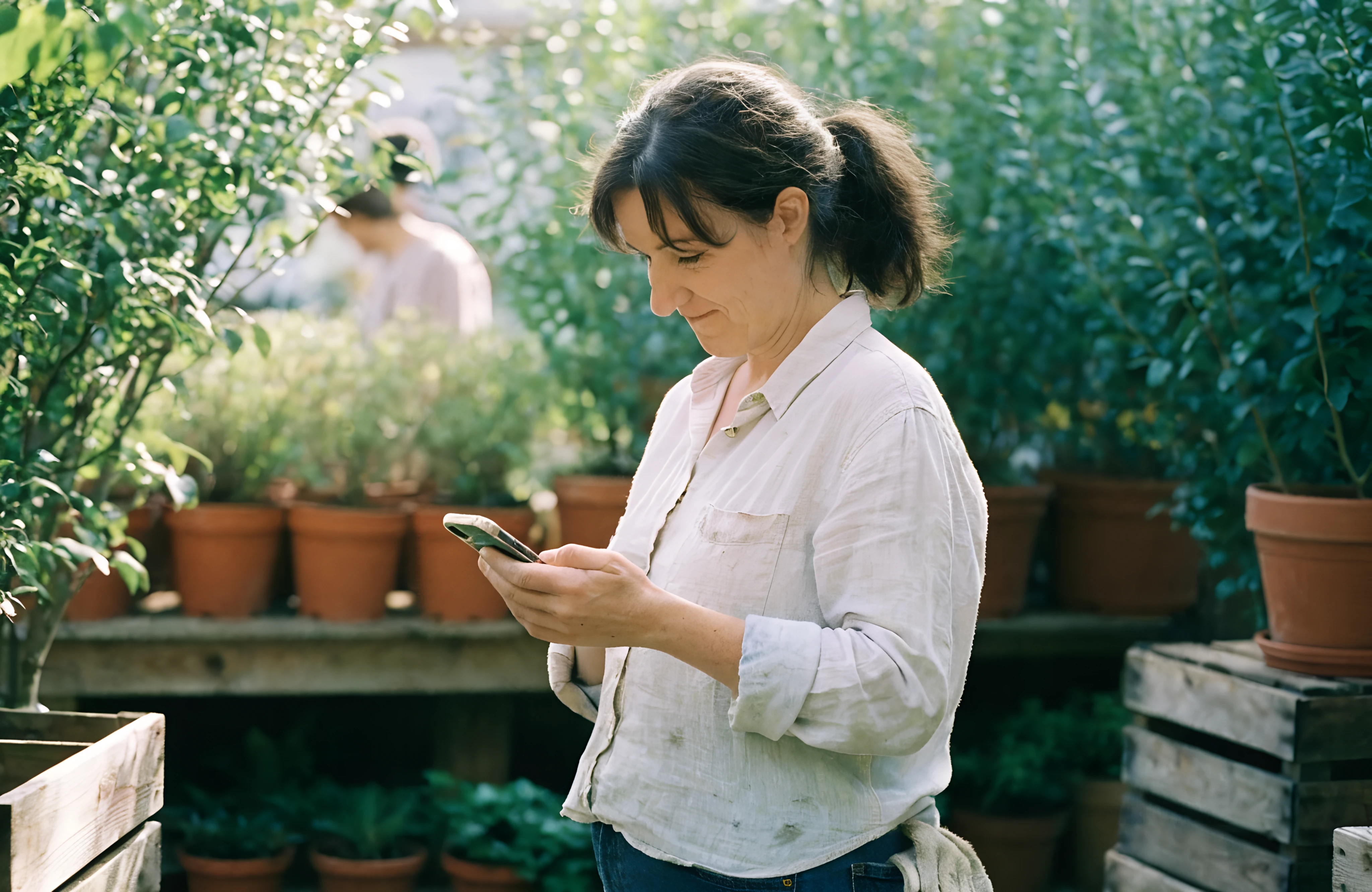 Landscape designer in her plant nursery searching her phone after finding her business not showing up on Google